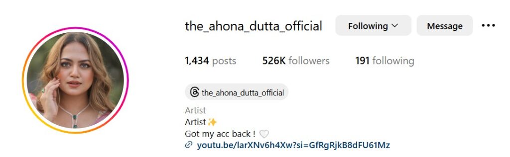 Ahona Dutta's Instagram profile