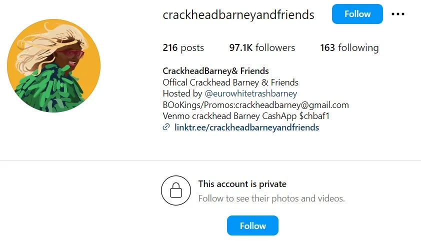 Crackhead Barney's IG Profile